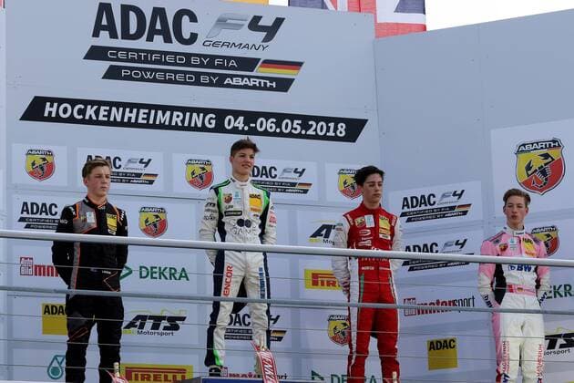 Das Podium mit Liam Lawson (NEZ) (Van Amersfoort Racing), Lirim Zendeli (GER) (US Racing - CHRS), Oliver Caldwell (GB) (Prema Powerteam) und David Schumacher (GER) (US Racing - CHRS) v.li. bei der Formel 4 Meisterschaft beim DTM-Lauf auf dem Hockenheimring. Copyright Thomas Pakusch