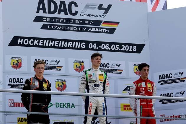 Das Podium mit Liam Lawson (NEZ) (Van Amersfoort Racing), Lirim Zendeli (GER) (US Racing - CHRS) und Oliver Caldwell (GB) (Prema Powerteam) v.li. bei der Formel 4 Meisterschaft beim DTM-Lauf auf dem Hockenheimring. Copyright Thomas Pakusch