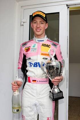 David Schumacher (GER) (US Racing - CHRS) freut sich über Platz 1 in der Rookie-Wertung bei der Formel 4 Meisterschaft beim DTM-Lauf auf dem Hockenheimring. Copyright Thomas Pakusch