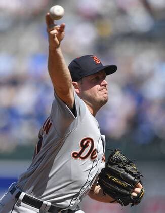 May 5, 2018 - Kansas City, MO, USA - Detroit Tigers pitcher Jordan Zimmermann throws in the first inning against the Kansas City Royals on Saturday, May 5, 2018, at Kauffman Stadium in Kansas City, Mo. Detroit at Kansas City - ZUMAm67_ 20180505_zaf_m67_022 Copyright: xJohnxSleezerx