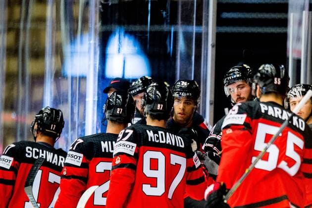 180506 Jaden Schwartz, Ryan Murray, Connor McDavid and Colton Parayko of Canada celebrate the 1-0 goal during the IIHF Ice hockey Eishockey World Championship WM Weltmeisterschaft match between South Korea and Canada on May 6, 2018 in Herning. Photo: Vegard Wivestad Gr¿tt BILDBYRN kod VG 170154 Copyright: VEGARDxWIVESTADxGR¯TT BB180506BB132
