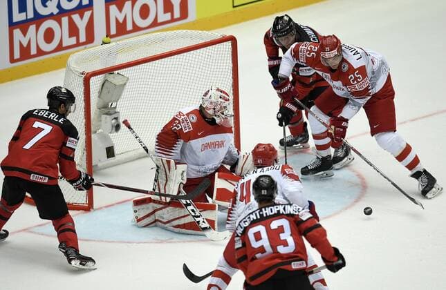 Sebastian Dahm, Jesper Jensen and Oliver Lauridsen of Denmark in action against Jordan Eberle, Ryam Nugent-Hopkins and Jaden Schwartz of Canada in front of the Danish goal during IIHF World Championship WM Weltmeisterschaft group B Ice hockey Eishockey match between Canada and Denmark in Jyske Bank Boxen in Herning, Denmark, Monday, May 7, 2018. , Herning Denmark  Copyright: LarsxMoellerx xRitzauxScanpix LarsxMoellerx cop102 spdk20180507-210501-L