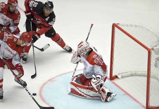 Oliver Lauridsen, Jesper Aabo Jensen and keeper Sebastian Dahm of Denmark in action against Ryan O Reilly of Canada during IIHF World Championship WM Weltmeisterschaft group B Ice hockey Eishockey match between Canada and Denmark in Jyske Bank Boxen in Herning, Denmark, Monday, May 7, 2018. , Herning Denmark  Copyright: LarsxMoellerx xRitzauxScanpix LarsxMoellerx cop102 spdk20180507-215658-L