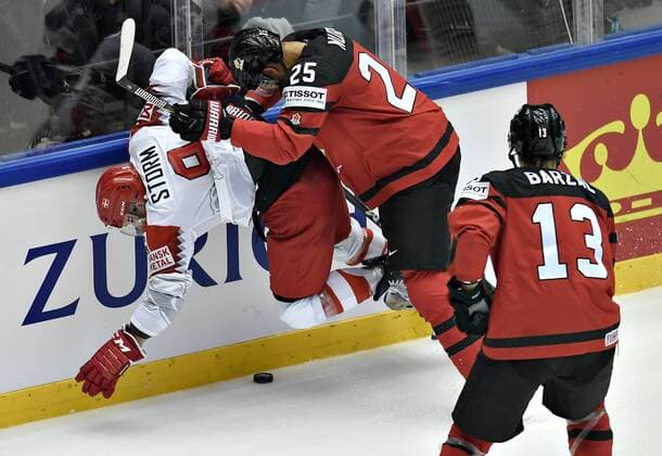 Frederik Storm of Denmark in action against Darnell Nurse of Canada during IIHF World Championship WM Weltmeisterschaft group B Ice hockey Eishockey match between Canada and Denmark in Jyske Bank Boxen in Herning, Denmark, Monday, May 7, 2018. , Herning Denmark  Copyright: LarsxMoellerx xRitzauxScanpix LarsxMoellerx cop102 spdk20180507-233942-L