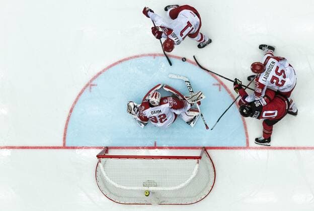 Goalkeeper Sebastian Dahm, Jesper Aabo Jensen and Oliver Lauridsen of Denmark in action against Ryan O Reilly of Canada during IIHF World Championship WM Weltmeisterschaft group B Ice hockey Eishockey match between Canada and Denmark in Jyske Bank Boxen in Herning, Denmark, Monday, May 7, 2018. , Herning Denmark  Copyright: LarsxMoellerx xRitzauxScanpix LarsxMoellerx cop102 spdk20180507-234009-L