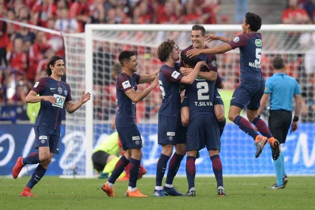 18 GIOVANI LO CELSO (PSG) - 25 ADRIEN RABIOT (PSG) - 17 YURI BERCHICHE (PSG) - 09 EDINSON CAVANI (PSG) - JOIE FOOTBALL : Les Herbiers vs Paris SG - Coupe de France - Finale - 08 05 2018 AnthonyBIBARD FEP Panoramic 