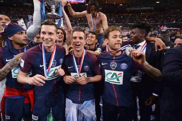 20 LAYVIN KURZAWA (PSG) - 23 JULIAN DRAXLER (PSG) - 18 GIOVANI LO CELSO (PSG) - 02 THIAGO SILVA (PSG) - 10 NEYMAR JR (PSG) - 37 TIMOTHY WEAH (PSG) - JOIE FOOTBALL : Les Herbiers vs Paris SG - Coupe de France - Finale - 08 05 2018 AnthonyBIBARD FEP Panoramic 
