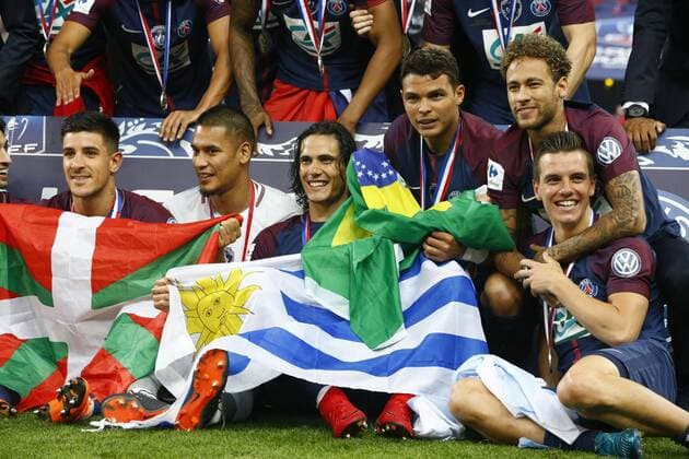 BERCHICHE Yuri (PSG) AREOLA Alphonse (PSG) CAVANI Edinson (PSG) Thiago SILVA (PSG) Neymar Jr (PSG) LO CELSO Giovani (PSG) FOOTBALL : Les Herbiers vs Paris Saint Germain - Finale Coupe de France - 08 05 2018 GwendolineLeGoff Panoramic 
