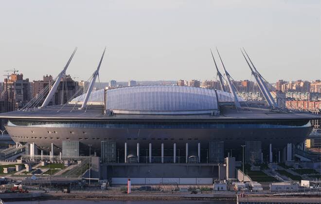 ST PETERSBURG, RUSSIA - MAY 8, 2018: Sankt-Peterburg Arena (Saint Petersburg Stadium), one of the venues of the upcoming FIFA World Cup WM Weltmeisterschaft Fussball Russia 2018. Peter Kovalev TASS  TS07E9BB