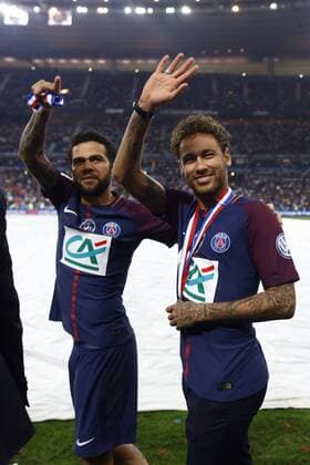 May 9, 2018 - Paris, France - Neymar Jr, Dany Alves during French Cup final (Coupe de France) between Les Herbiers VF and Paris Saint-Germain (PSG) at Stade de France on May 8, 2018 in Saint-Denis near Paris, France. Les Herbiers VF v Paris Saint-Germain - Coupe de France Final  - ZUMAn230 20180509_zaa_n230_507 Copyright: xMehdixTaamallahx