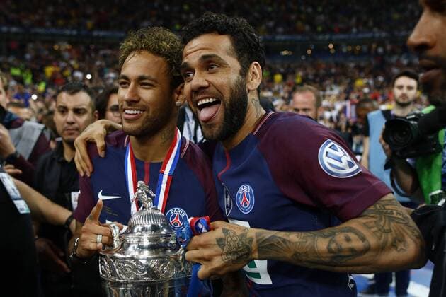 May 9, 2018 - Paris, France - Neymar Jr, Dany Alves during French Cup final (Coupe de France) between Les Herbiers VF and Paris Saint-Germain (PSG) at Stade de France on May 8, 2018 in Saint-Denis near Paris, France. Les Herbiers VF v Paris Saint-Germain - Coupe de France Final  - ZUMAn230 20180509_zaa_n230_505 Copyright: xMehdixTaamallahx