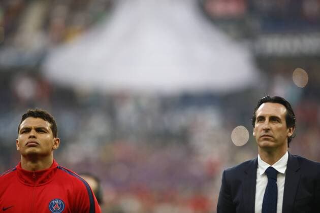 May 8, 2018 - Paris, France - Thiago Silva, Unai Emery during French Cup final (Coupe de France) between Les Herbiers VF and Paris Saint-Germain (PSG) at Stade de France on May 8, 2018 in Saint-Denis near Paris, France. Les Herbiers VF v Paris Saint-Germain - Coupe de France Final  - ZUMAn230 20180508_zaa_n230_1066 Copyright: xMehdixTaamallahx
