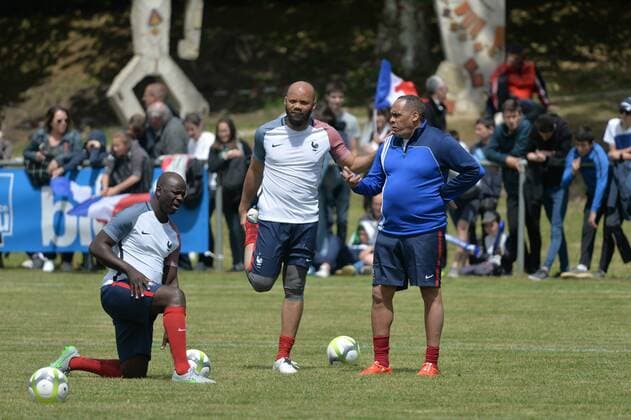 Christian Karembeu (ex joueur equipe de France vainqueur de la Coupe du Monde en 98) avec Jean-Alain Boumsong FOOTBALL : 20 ans de la victoire a la Coupe du Monde de Football en 98 pour Aime Jacquet - 10 05 2018 FredericChambert Panoramic 