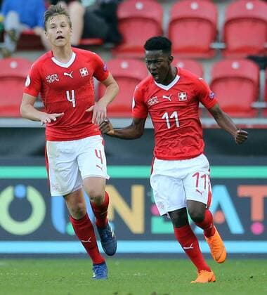 Switzerland v England UEFA EURO EM Europameisterschaft Fussball U17 U 17 Championship Felix Mambimbi (r) of Switzerland celebrates scoring the opening goal during the UEFA Euro U17 Championship match at the New York Stadium, Rotherham Content Not Available For UK Newspapers Copyright: xSimonxMoorex FIL-11776-0006