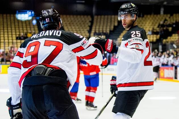 180510 Connor McDavid of Canada celebrates with teammate Darnell Nurse after scoring 0-3 during the IIHF Ice hockey Eishockey World Championship WM Weltmeisterschaft match between Norway and Canada on May 10, 2018 in Herning. Photo: Vegard Wivestad Gr¿tt BILDBYRN kod VG 170163 Copyright: VEGARDxWIVESTADxGR¯TT BB180510BB595