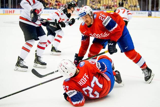 180510 Ludvig Hoff and Kristian Forsberg of Norway during the IIHF Ice hockey Eishockey World Championship WM Weltmeisterschaft match between Norway and Canada on May 10, 2018 in Herning. Photo: Vegard Wivestad Gr¿tt BILDBYRN kod VG 170163 Copyright: VEGARDxWIVESTADxGR¯TT BB180510BB698