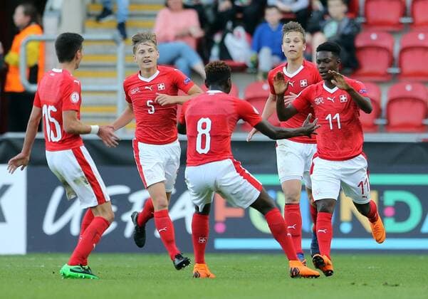 Switzerland v England UEFA EURO EM Europameisterschaft Fussball U17 U 17 Championship Felix Mambimbi (r) of Switzerland celebrates scoring the opening goal during the UEFA Euro U17 Championship match at the New York Stadium, Rotherham Content Not Available For UK Newspapers Copyright: xSimonxMoorex FIL-11776-0010