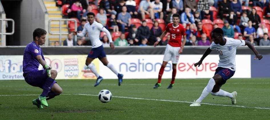 Switzerland v England UEFA EURO EM Europameisterschaft Fussball U17 U 17 Championship Lucio Soldini (l) of Switzerland saves a shot from Folarin Balogun of England during the UEFA Euro U17 Championship match at the New York Stadium, Rotherham Content Not Available For UK Newspapers Copyright: xSimonxMoorex FIL-11776-0018