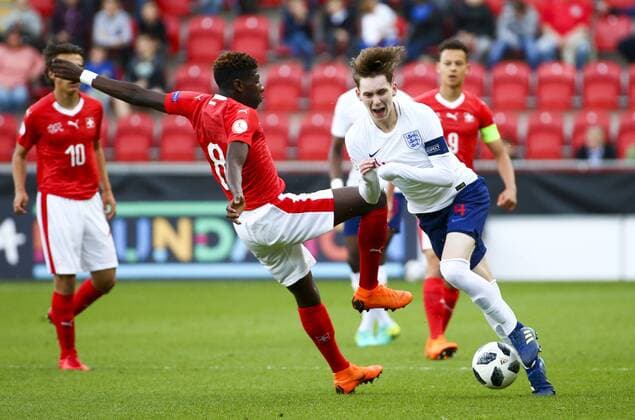 10th May, AESSEAL New York Stadium, Rotherham, England; UEFA Under 17 European Championships, Switzerland versus England; James Garner of England is fouled by Alexandre Jankewitz of Switzerland who was booked for the tackle  ActionPlus12023284