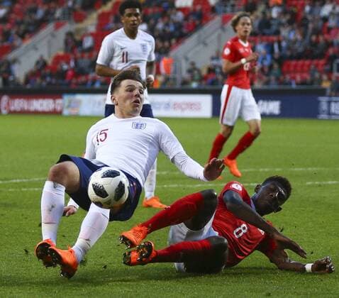 10th May, AESSEAL New York Stadium, Rotherham, England; UEFA Under 17 European Championships, Switzerland versus England; Alexandre Jankewitz of Switzerland tackles Bobby Duncan of England  ActionPlus12023310