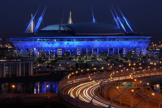 ST PETERSBURG, RUSSIA - MAY 10, 2018: A night view of Saint Petersburg Stadium, a venue for 2018 FIFA World Cup WM Weltmeisterschaft Fussball matches. Peter Kovalev TASS  TS07F144