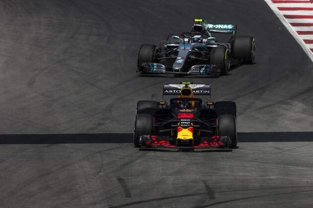 May 11, 2018 - Montmelo, Spain - 33 Max Verstappen Max from Netherlands Aston Martin Red Bull Tag Heuer RB14 and 77 Valtteri Bottas from Finland Mercedes W09 Hybrid EQ Power+ team Mercedes GP during the Spanish Formula One Grand Prix at Circuit de Catalunya on 11, 2018 in Montmelo, Spain. Spanish F1 Grand Prix - Practice  - ZUMAn230 20180511_zaa_n230_979 Copyright: xXavierxBonillax