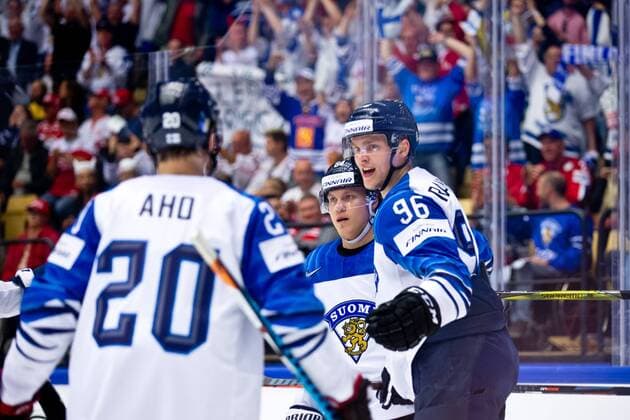 Mikko Rantanen 96, FIN score 3-1, Sebastian Aho 20, FIN, Mikael Granlund 64, FIN during their IIHF Ice hockey Eishockey World Championship WM Weltmeisterschaft 2018 CAN - FIN match in Jyske Bank Boxen 12. May 2018 in Herning, Denmark.  Copyright: xTomixHänninenx tnp24SPO1244223703