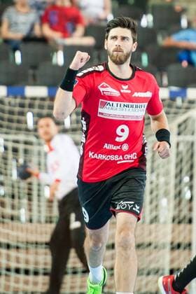 Jubel bei Pavel Mickal (Nr.9, Nordhorn) nach seinem Treffer HC Rhein Vikings vs. HSG Nordhorn-Lingen, Handball, 2. Bundesliga, 12.05.18 Düsseldorf NRW Deutschland Castello