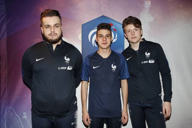 Roky ( Corentin Chevrey France) Herozia ( Nathan Gil France) DaXe ( Lucas Cuillerier France) FOOTBALL : France vs Belgique - 1er Match International de Esport - 12 05 2018 GwendolineLeGoff Panoramic 