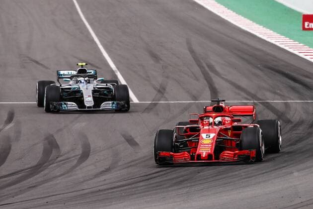 May 13, 2018 - Barcelona, Catalonia, Spain - 05 Sebastian Vettel from Germany with Scuderia Ferrari SF71H overtaking 77 Valtteri Bottas from Finland Mercedes W09 Hybrid EQ Power+ team Mercedes GP during the Spanish Formula One Grand Prix at Circuit de Catalunya on May 13, 2018 in Montmelo, Spain. Spanish F1 Grand Prix  - ZUMAn230 20180513_zaa_n230_873 Copyright: xXavierxBonillax