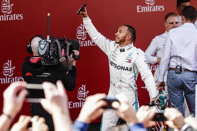 May 13, 2018 - Barcelona, Catalonia, Spain - 44 Lewis Hamilton from Great Britain Mercedes W09 Hybrid EQ Power+ team Mercedes GP celebrating his victory at the podium during the Spanish Formula One Grand Prix at Circuit de Catalunya on May 13, 2018 in Montmelo, Spain. Spanish F1 Grand Prix  - ZUMAn230 20180513_zaa_n230_878 Copyright: xXavierxBonillax