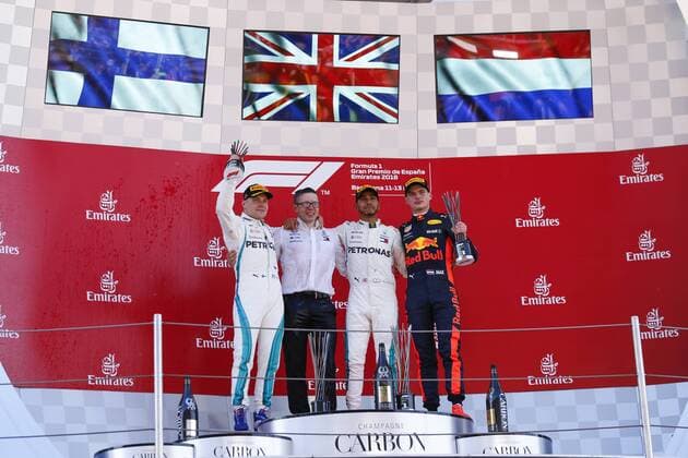 May 13, 2018 - Barcelona, Catalonia, Spain - May 13th, 2018 - Circuit de Barcelona-Catalunya, Montmelo, Spain - Race of Formula One Spanish GP 2018; Lewis Hamilton Valtteri Bottas of Mercedes-AMG-Petronas Formula One Team and Max Verstappen of RedBull Racing in the podium after the race. Barcelona Formula One Spanish GP; .May 13th - ZUMAa178 20180513_zap_a178_043 Copyright: xEricxAlonsox