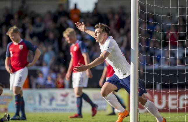 13th May 2018, Pirelli Stadium, Burton-upon-Trent, England; UEFA Under 17 European Championships, quarter final, Norway U17s versus England U17s; Bobby Duncan of England celebrates after heading the ball in to the Norway goal in the 14th minute (0-1)  ActionPlus12024738