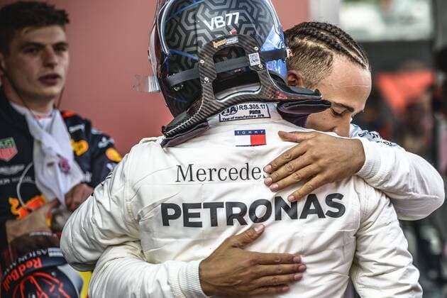 May 13, 2018 - Barcelona, Catalonia, Spain - LEWIS HAMILTON (GBR) is congratulated by Mercedes team mate VALTTERI BOTTAS (FIN) after winning the Spanish GP at Circuit de Barcelona - Catalunya F1 2018: Spanish Grand Prix: Hamilton Wins - ZUMAo105 20180513_zap_o105_066 Copyright: xMatthiasxOesterlex