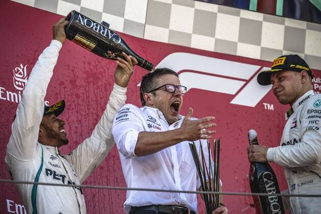 May 13, 2018 - Barcelona, Catalonia, Spain - LEWIS HAMILTON (GBR) celebrate on the podium spouring champagne on the head of technical chief JAMES ALLISON at the end of the Spanish GP at Circuit de Barcelona - Catalunya F1 2018: Spanish Grand Prix: Hamilton Wins - ZUMAo105 20180513_zap_o105_075 Copyright: xMatthiasxOesterlex