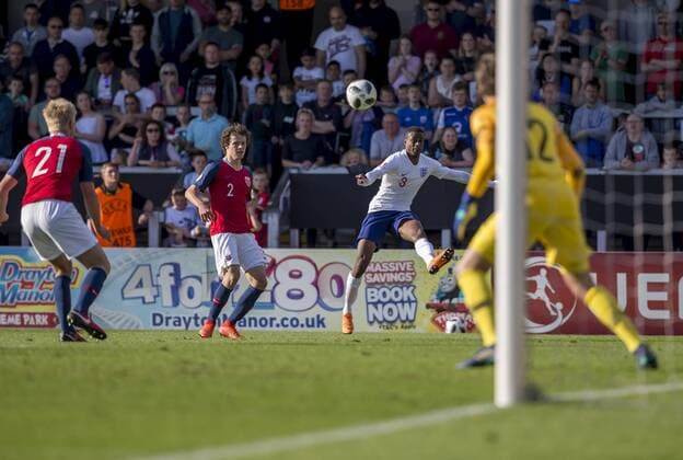 13th May 2018, Pirelli Stadium, Burton-upon-Trent, England; UEFA Under 17 European Championships, quarter final, Norway U17s versus England U17s; Nathanael Ogbeta of England crossing the ball into the goal area  ActionPlus12024945