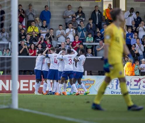 13th May 2018, Pirelli Stadium, Burton-upon-Trent, England; UEFA Under 17 European Championships, quarter final, Norway U17s versus England U17s; Xavier Amaechi of England celebrates with his team after scoring in the 49th minute (0-2)  ActionPlus12024953
