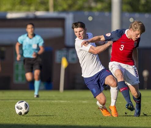13th May 2018, Pirelli Stadium, Burton-upon-Trent, England; UEFA Under 17 European Championships, quarter final, Norway U17s versus England U17s; Harald Martin Hauso of Norway shields Bobby Duncan of England from the ball  ActionPlus12024958