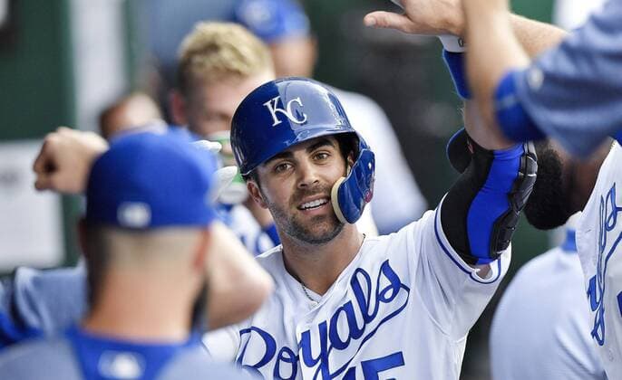 May 14, 2018 - Kansas City, MO, USA - Kansas City Royals Whit Merrifield is congratulated in the dugout after hitting a solo home run in the third inning during Monday s baseball game against the Tampa Bay Rays on May 14, 2018, at Kauffman Stadium in Kansas City, Mo. Royals vs Rays - ZUMAm67_ 20180514_zaf_m67_034 Copyright: xJohnxSleezerx