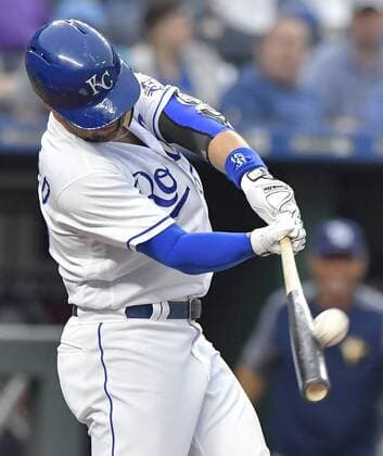 May 14, 2018 - Kansas City, MO, USA - Kansas City Royals Whit Merrifield connects on a solo home run in the third inning during Monday s baseball game against the Tampa Bay Rays on May 14, 2018, at Kauffman Stadium in Kansas City, Mo. Royals vs Rays - ZUMAm67_ 20180514_zaf_m67_035 Copyright: xJohnxSleezerx