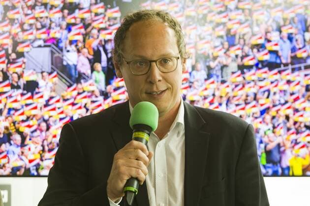 PK zu den Handball Laenderspielen in der Olympiahalle. Olympiaturm Muenchen. 15.05.2018 Teilnehmer: Bundestrainer Christian Prokop (Männer) und Henk Groener (Frauen) sowie der DHB-Vorstandsvorsitzende Mark Schober und Olympiapark-Geschäftsführerin Marion Schöne Â
