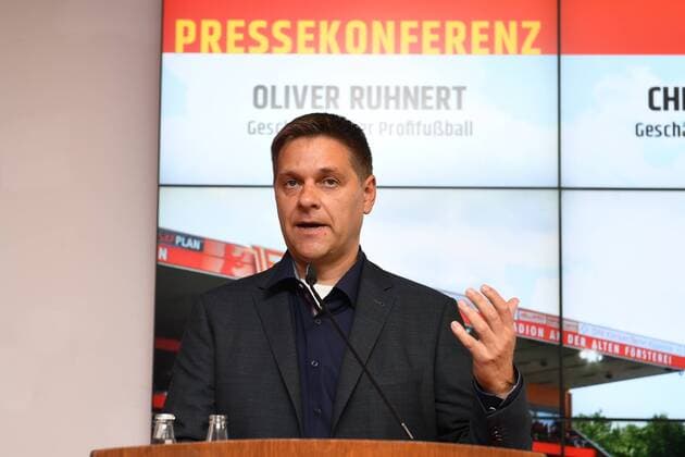 Fussball, Herren, Saison 2017 2018, 2. Bundesliga, 1. FC Union Berlin, Pressekonferenz, Vorstellung des neuen Geschäftsführers Profifußball, Oliver Ruhnert (Geschäftsführer Profifußball 1. FC Union Berlin), 15.05. 2018, Copyright: xMatthiasxKochx