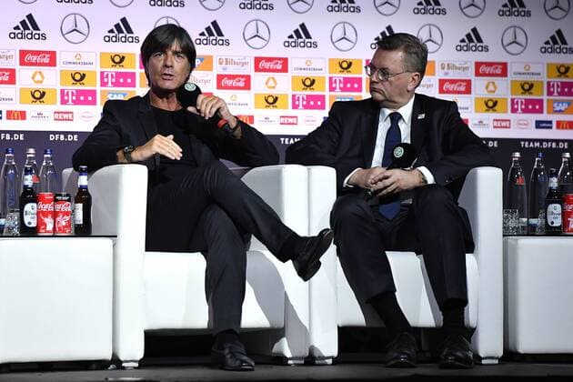 Kaderbekanntgabe WM 2018 am 15.05.2018 im Deutschen Fußballmuseum in Dortmund Joachim Jogi Löw ( Bundestrainer ), links - Reinhard Grindel ( DFB-Präsident ), rechts