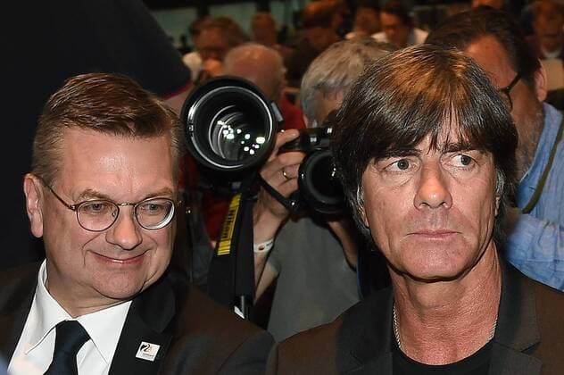 Kaderbekanntgabe WM 2018 am 15.05.2018 im Deutschen Fußballmuseum in Dortmund Reinhard Grindel ( DFB-Präsident ), links - Joachim Jogi Löw ( Bundestrainer ), rechts