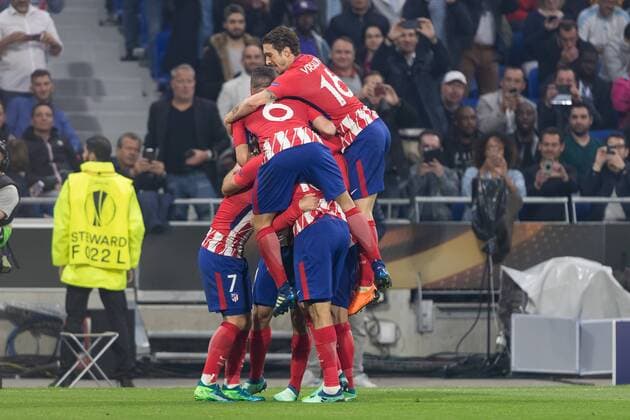 Fußball, EL, Finale, Olympique Marseille - Atletico Madrid Lyon, Frankreich 16.05.2018, UEFA Europa League - 2017 18 Season, Finale, Olympique Marseille - Atletico Madrid, torjubel, jubelm um Antoine Griezmann (Atletico Madrid) nach seinem treffer zum 0:1 ( DeFodi048