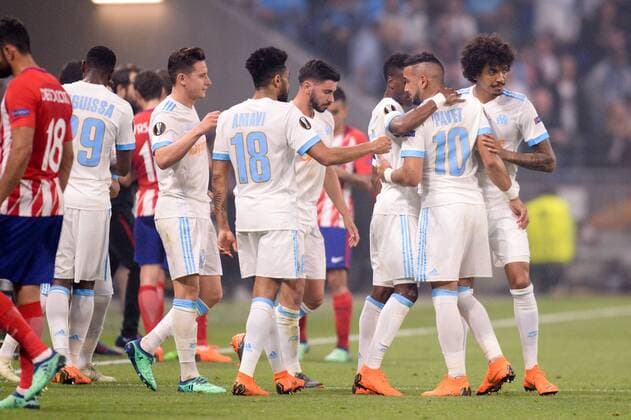 Fußball, EL, Finale, Olympique Marseille - Atletico Madrid 10 DIMITRI PAYET (OM) - 19 LUIZ GUSTAVO (OM) - 08 MORGAN SANSON (OM) - 26 FLORIAN THAUVIN (OM) - BLESSURE - DECEPTION FOOTBALL : Atletico Madrid vs Marseille - Ligue Europa - Finale - 16 05 2018 AnthonyBIBARD FEP Panoramic 