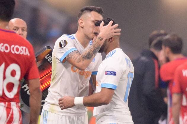 Fußball, EL, Finale, Olympique Marseille - Atletico Madrid 10 DIMITRI PAYET (OM) - 05 LUCAS OCAMPOS (OM) - DECEPTION - BLESSURE FOOTBALL : Atletico Madrid vs Marseille - Ligue Europa - Finale - 16 05 2018 AnthonyBIBARD FEP Panoramic 