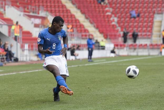 Emmanuel Gyabuaa of Italy strikes the ball during the UEFA European U17 U 17 Championship Semi Final match at the New York Stadium, Rotherham. Picture date 17th May 2018. Picture credit should read: James Wilson Sportimage EDITORIAL USE ONLY. No use with unauthorised audio, video, data, fixture lists, club league logos or live services. Online in-match use limited to 120 images, no video emulation. No use in betting, games or single club league player publications.