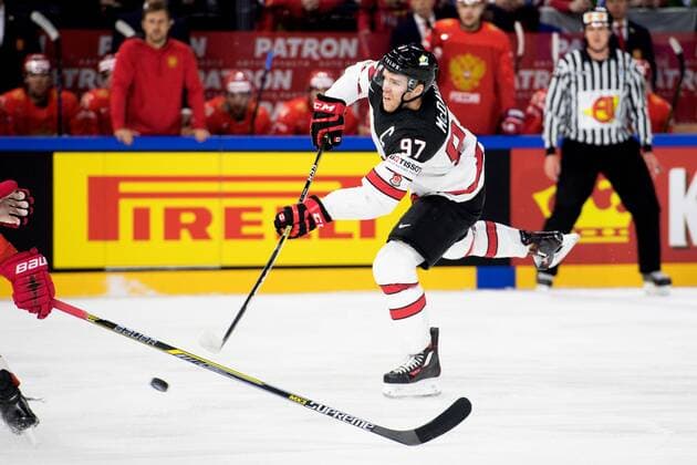 180517 Kanadas Connor McDavid under kvartsfinalen i ishockey-VM mellan Ryssland och Kanada den 17 maj 2018 i Köpenhamn. Copyright: PETTERxARVIDSON BB180517PA001