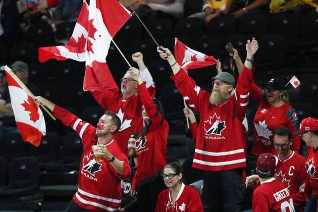 COPENHAGEN, DENMARK - MAY 17, 2018: Canadian fans cheer during the 2018 IIHF Ice hockey Eishockey World Championship WM Weltmeisterschaft Quarterfinal match against Russia at Royal Arena. Anton Novoderezhkin TASS  TS07FE04